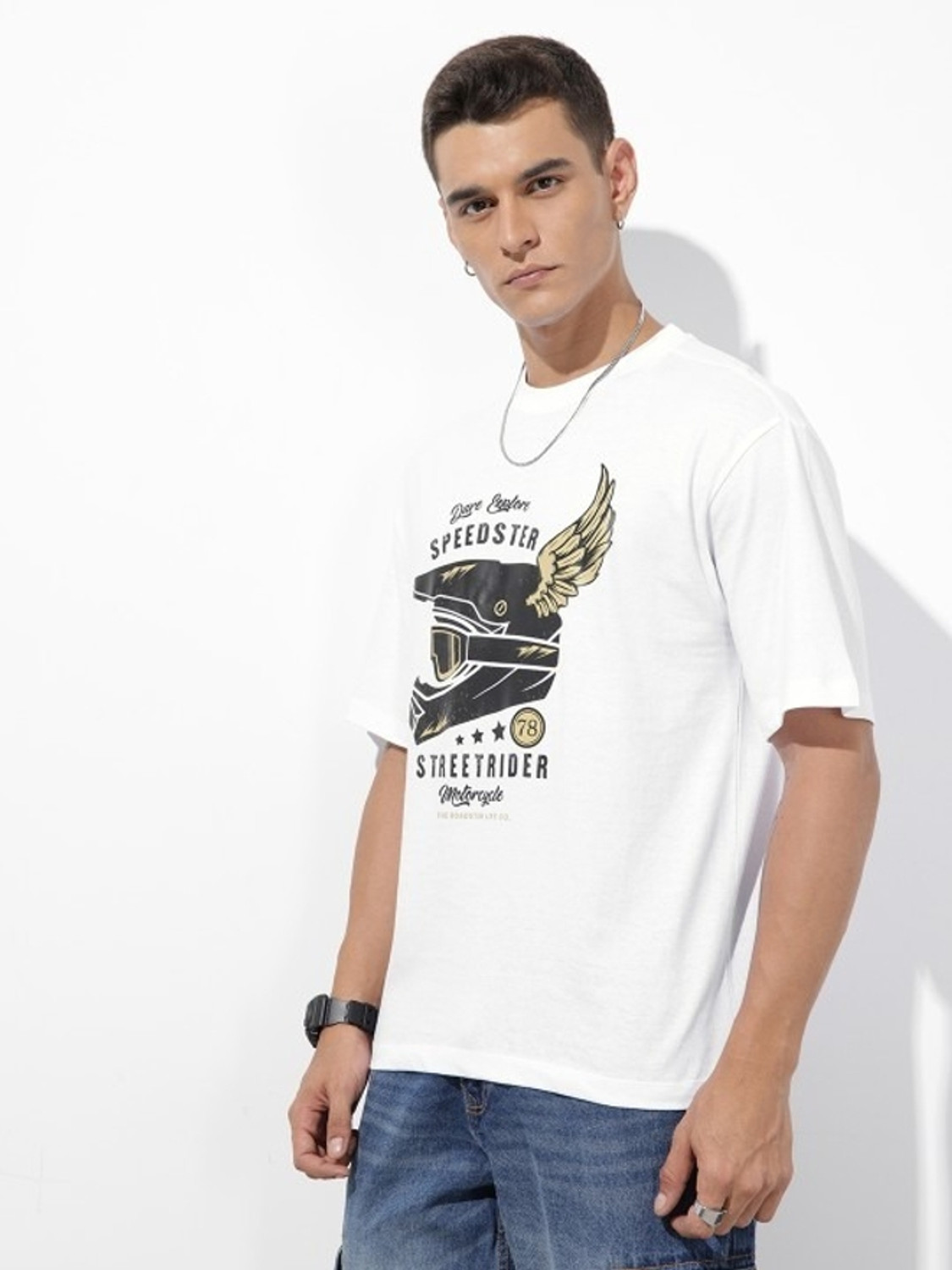 Image of Roadster Graphic Print Men Round Neck White T-Shirt