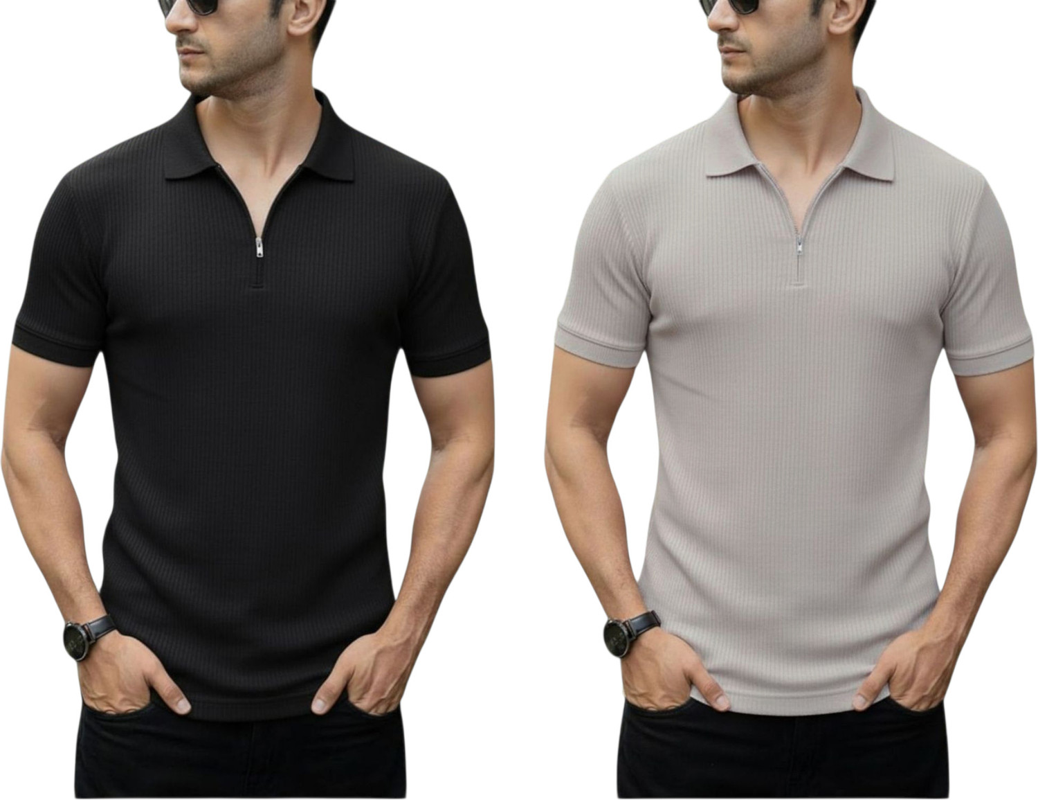 Image of DSV Self Design Men Zip Neck Black, Grey T-Shirt