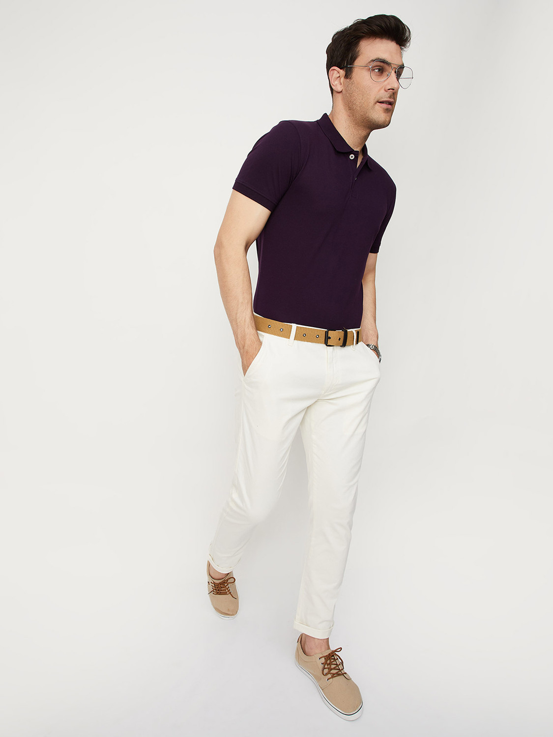 Image of MAX Solid Men Polo Neck Purple T-Shirt