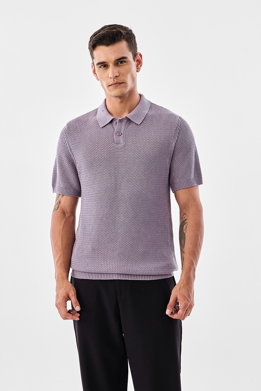 Image of Snitch Men Self Design Polo Neck Cotton Blend Purple T-Shirt