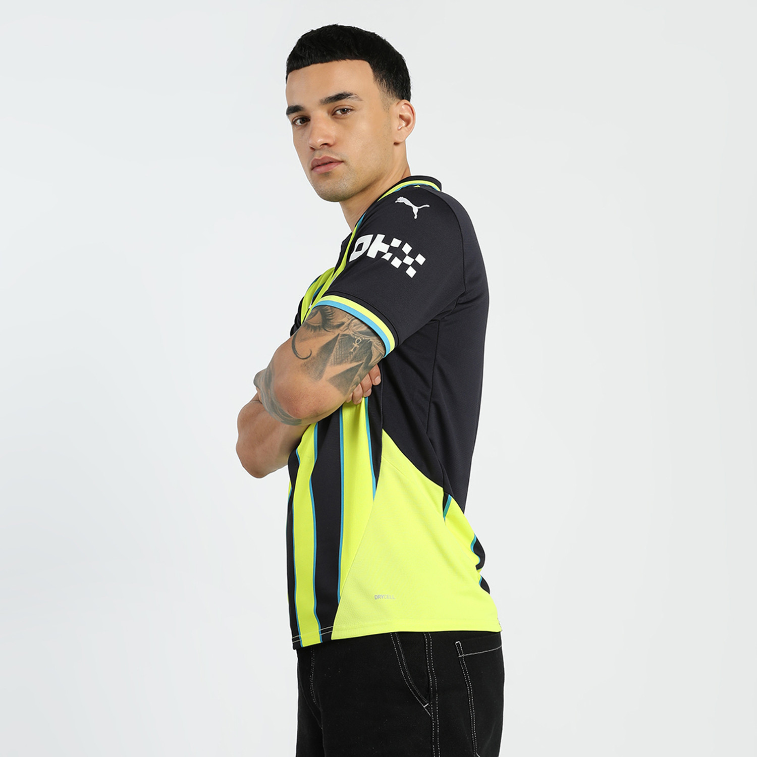 Image of PUMA Striped Men Polo Neck Blue T-Shirt