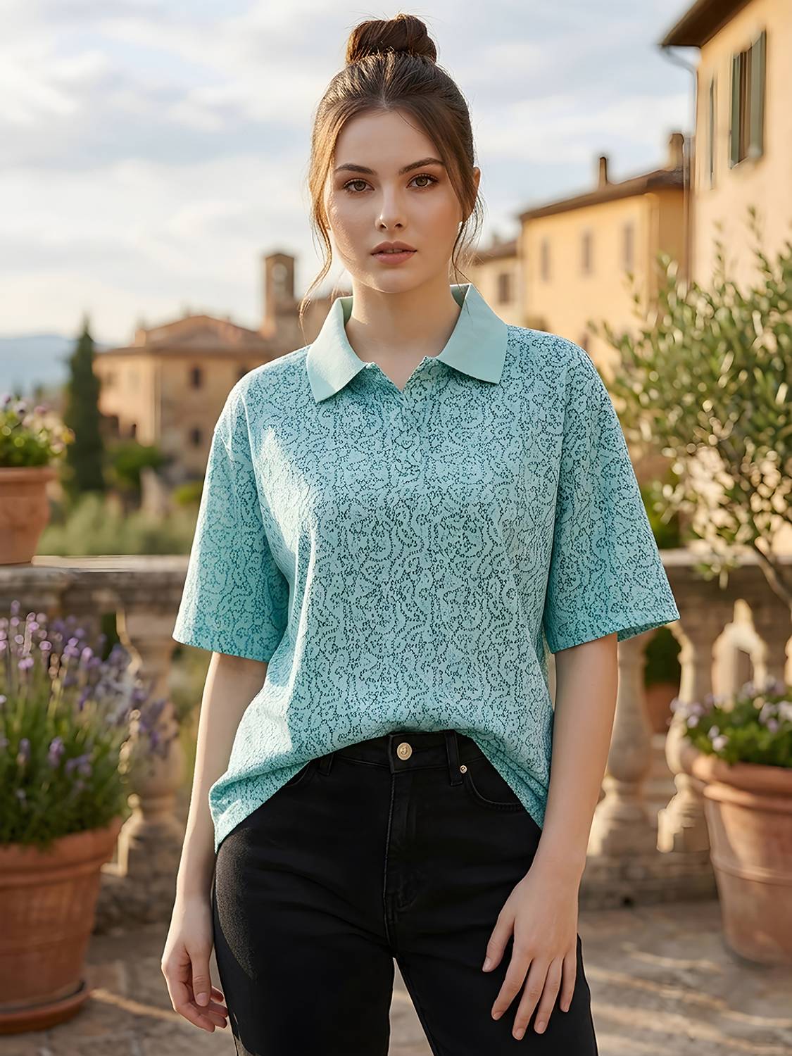 GETGOLF Printed Women Polo Neck Light Blue T-Shirt