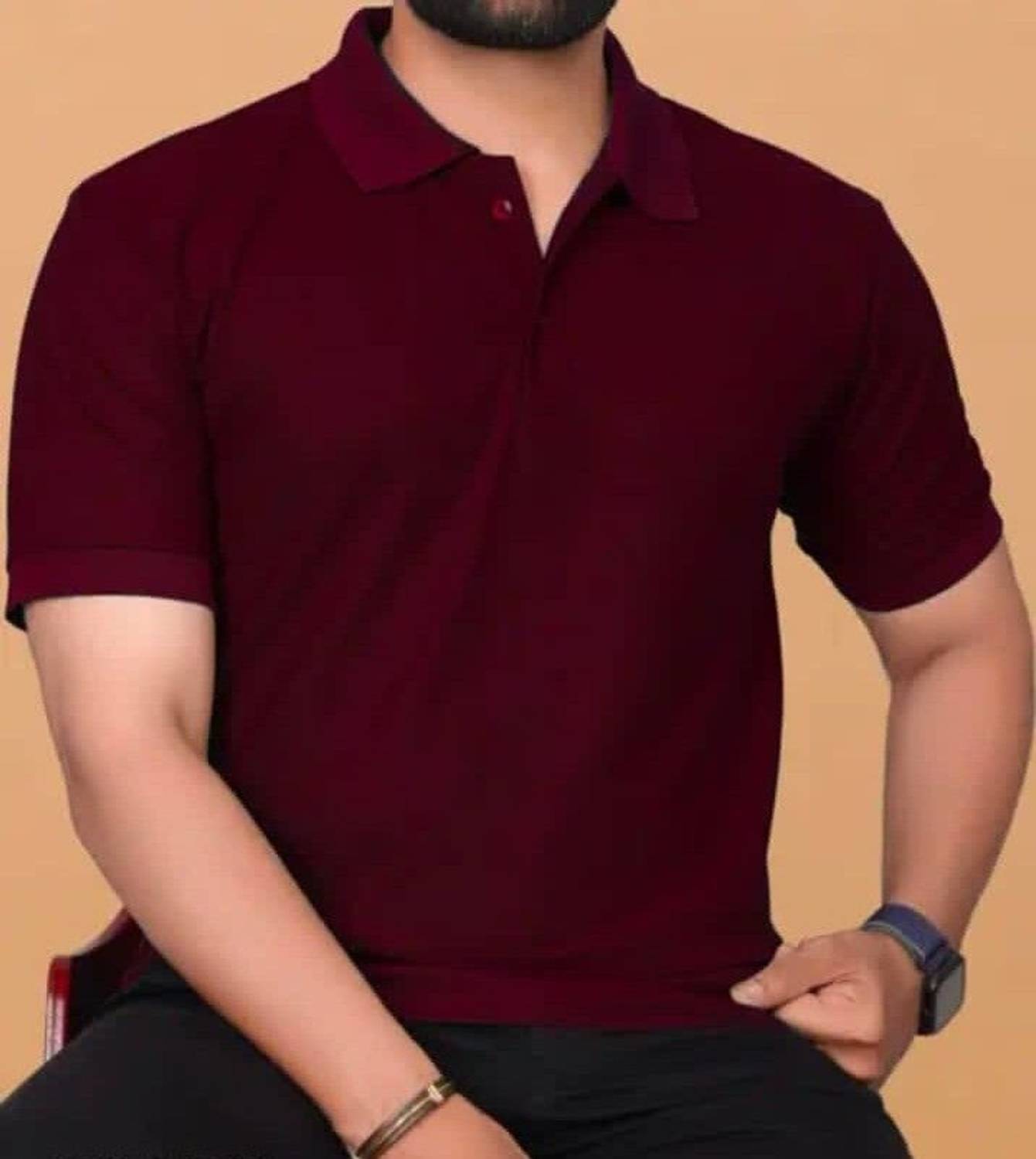 M2HIT Men Solid Polo Neck Pure Cotton Maroon T-Shirt