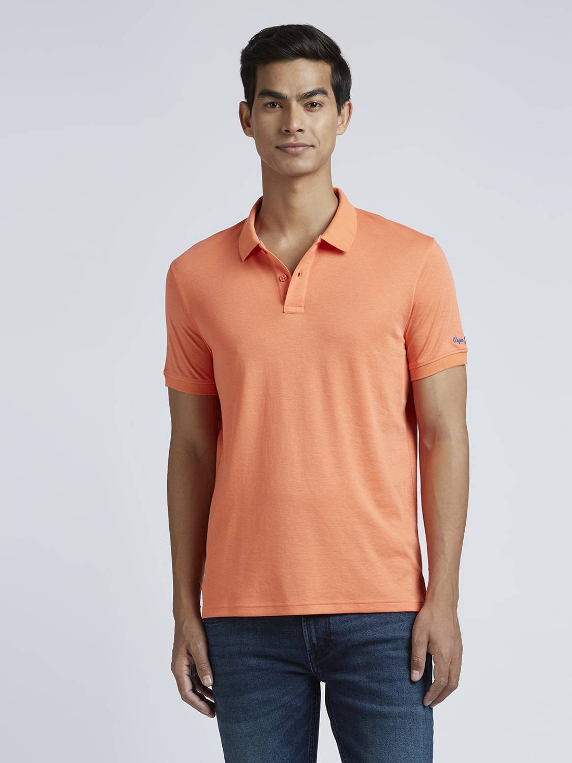 Pepe Jeans Men Solid Polo Neck Cotton Blend Orange T-Shirt