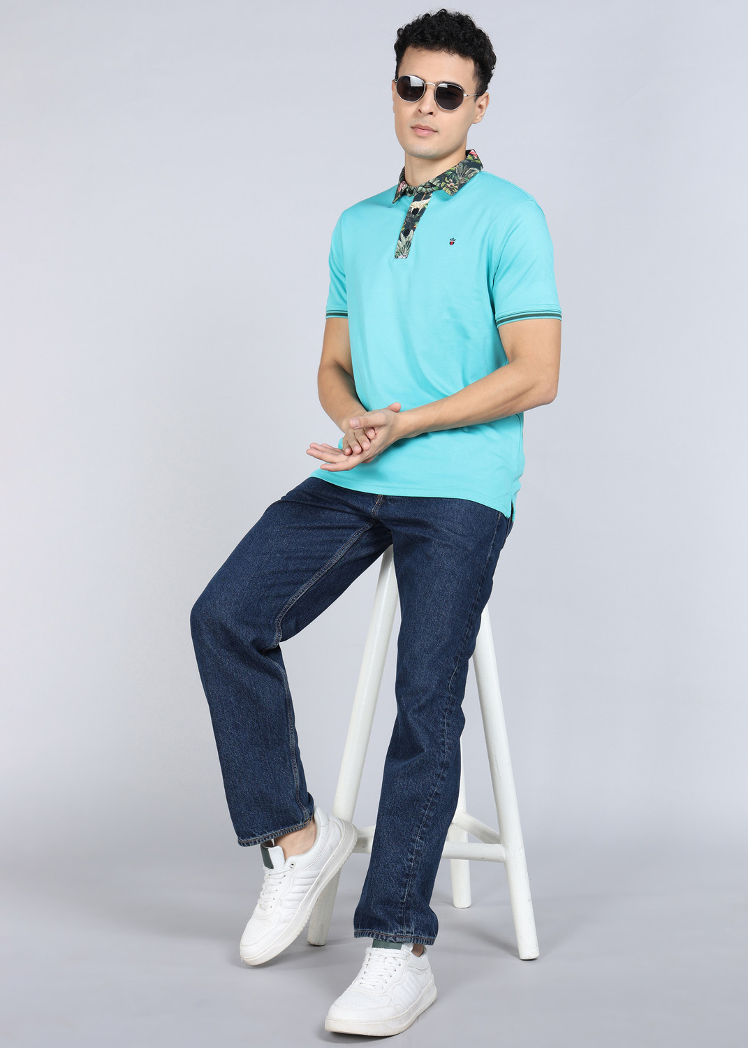 Image of Louis Philippe Sport Self Design Men Polo Neck Light Blue T-Shirt