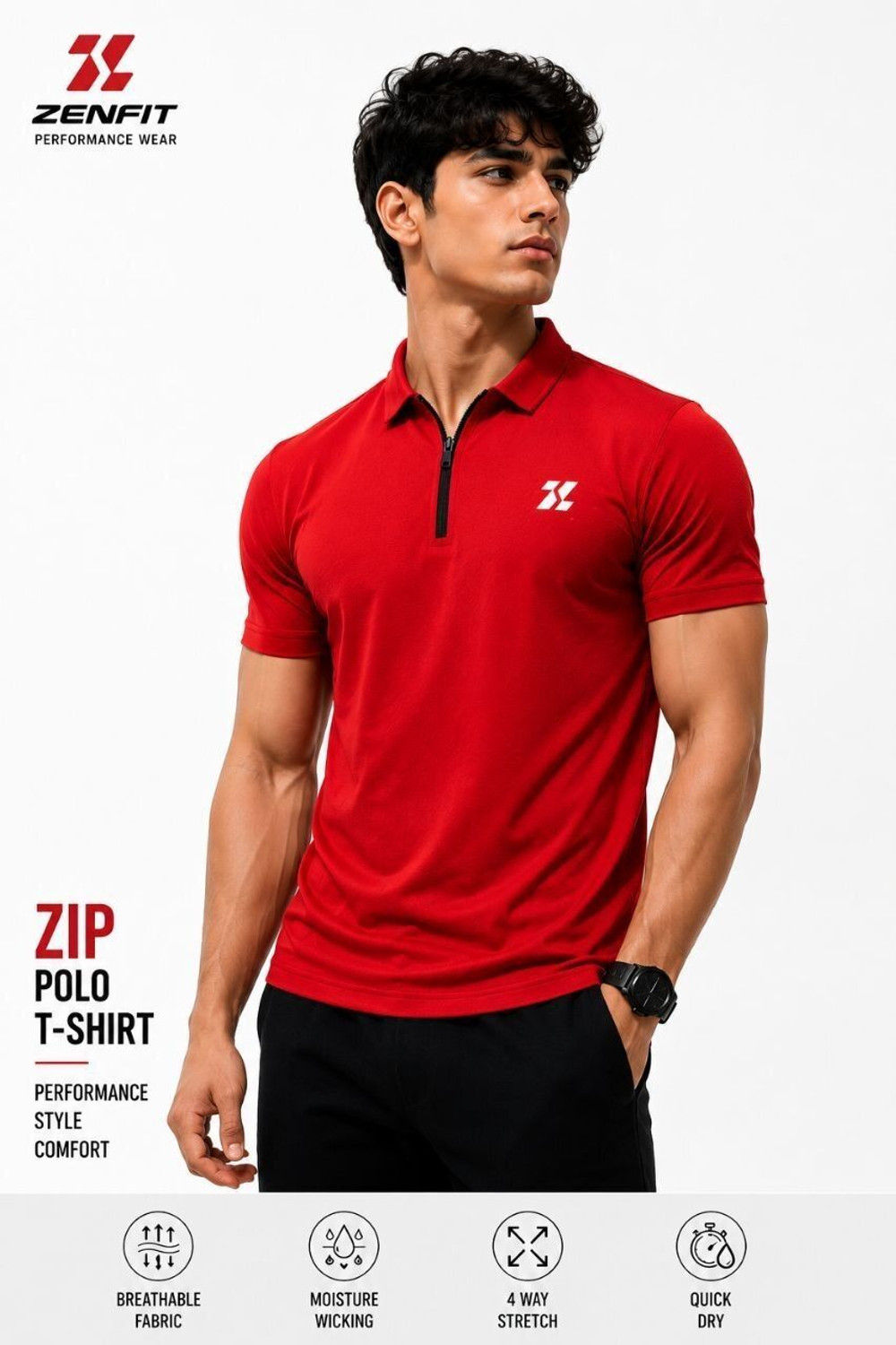 Image of zenfit Men Self Design Zip Neck Polyester Red T-Shirt