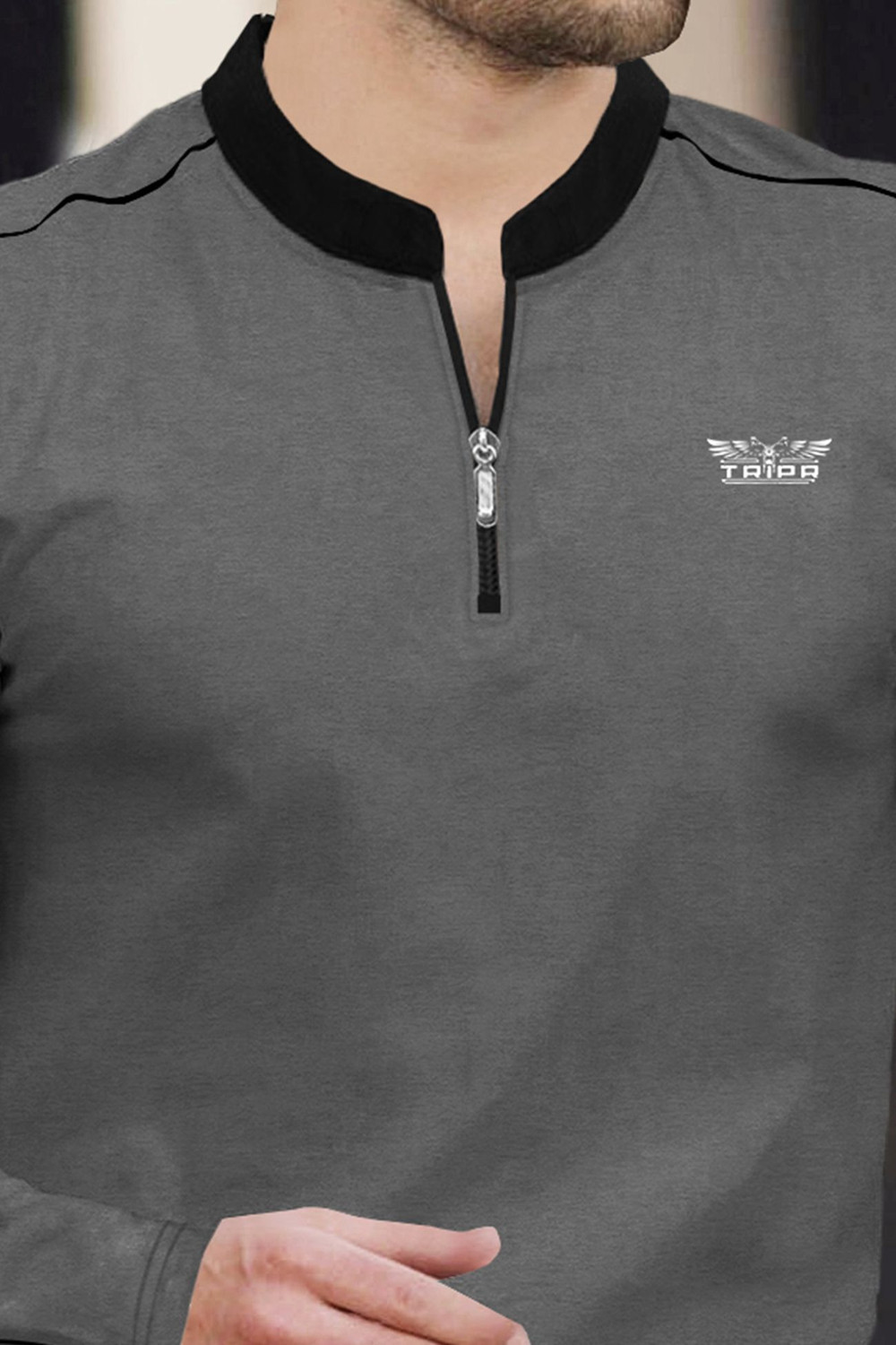 Image of TRIPR Solid Men Mandarin Collar Grey, Black T-Shirt