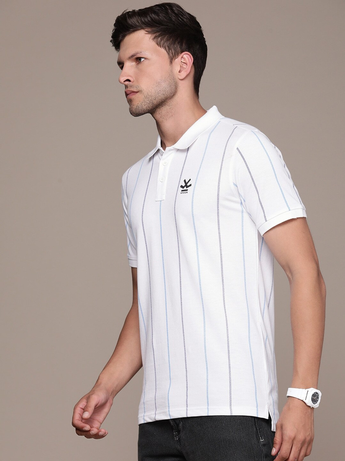 Image of WROGN Striped Men Polo Neck White T-Shirt