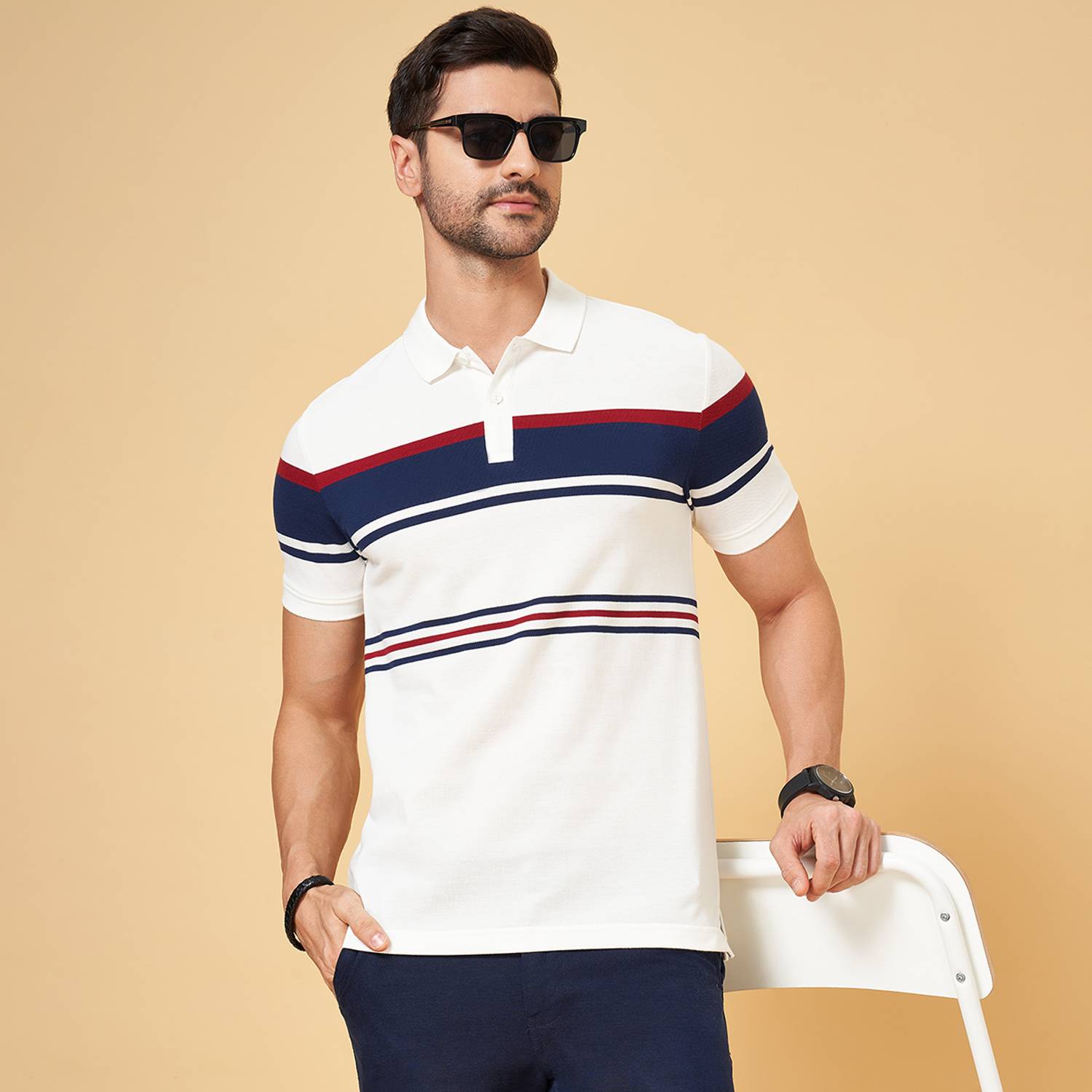Byford by Pantaloons Striped Men Polo Neck White T-Shirt