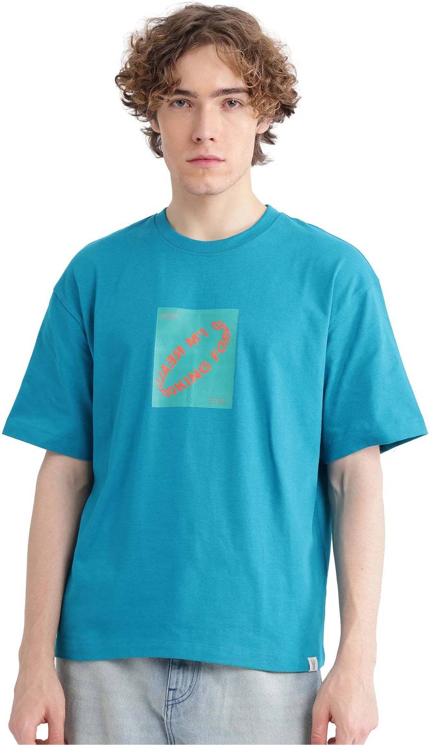 RARE RABBIT Men Graphic Print Crew Neck Cotton Blend Light Blue T