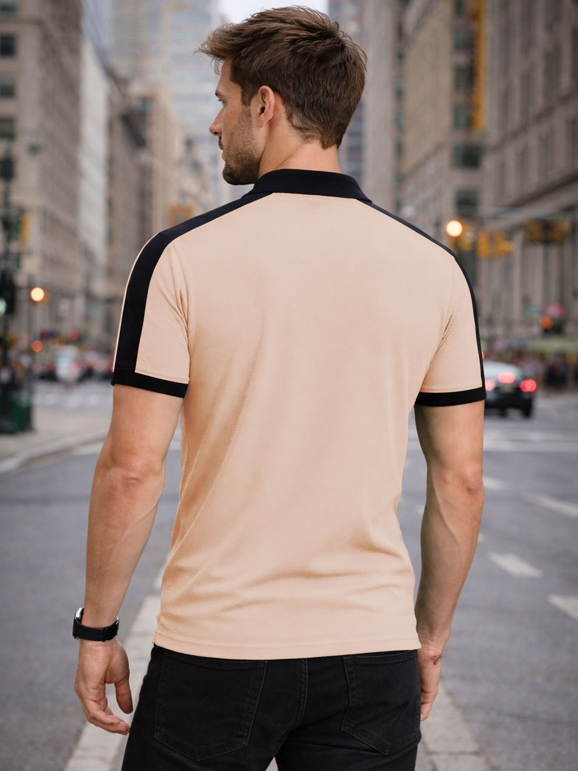 Image of VeBNoR Colorblock Men Polo Neck Beige T-Shirt