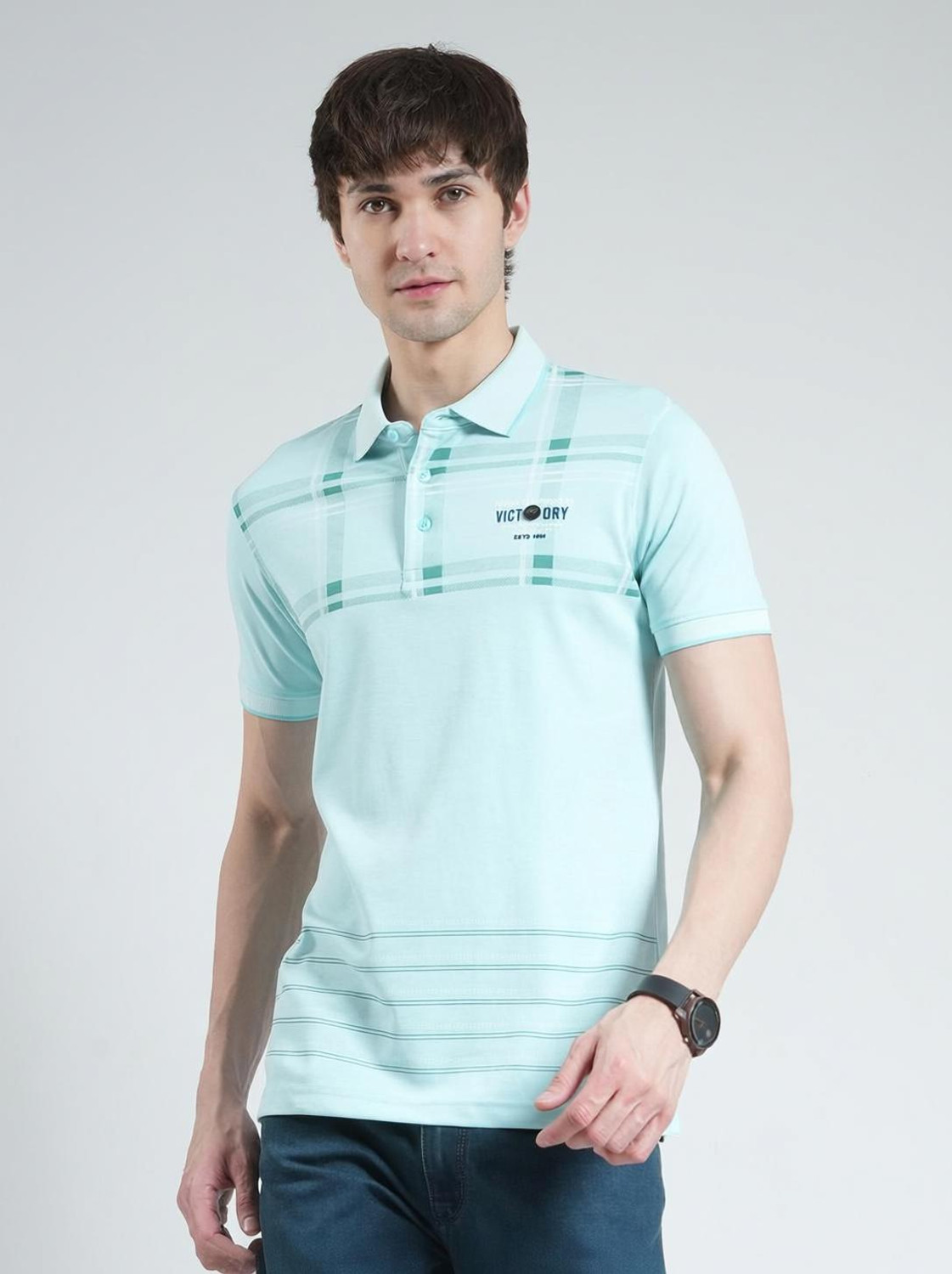 Image of MONTE CARLO Printed Men Polo Neck Blue T-Shirt