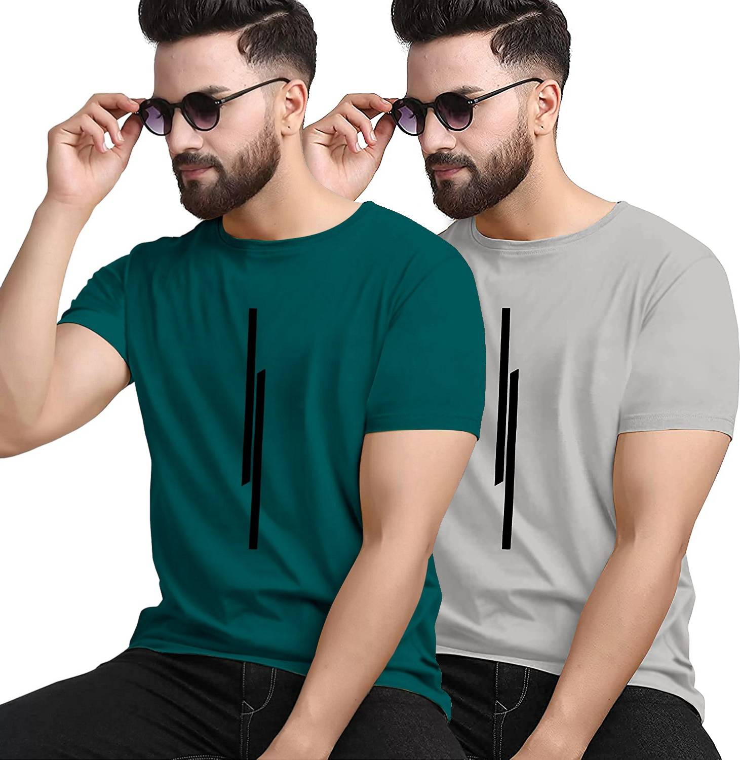 KAJARU Pack of 2 Men Striped Round Neck Polyester Grey, Dark Gree