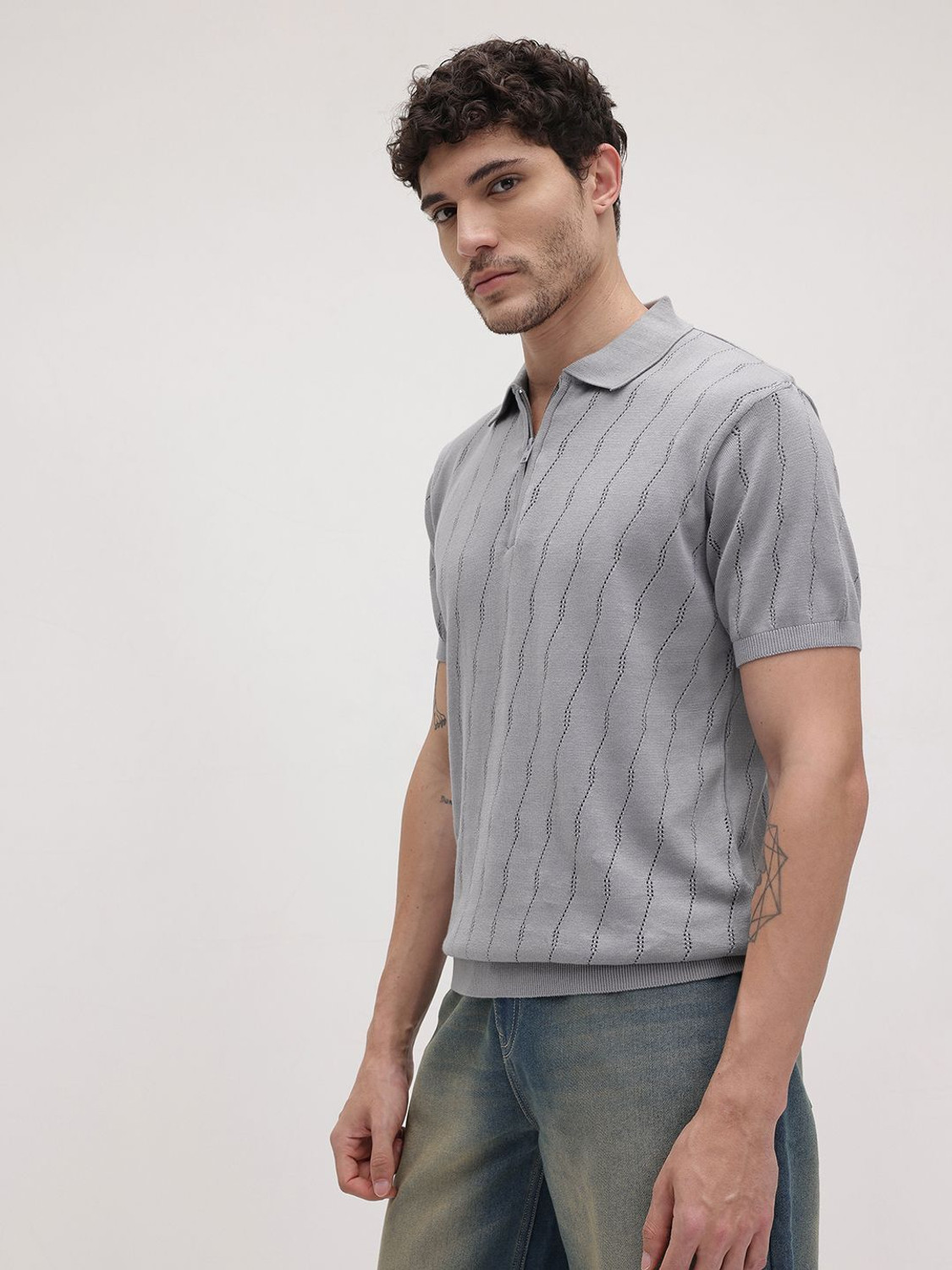 Image of Roadster Self Design Men Polo Neck Grey T-Shirt