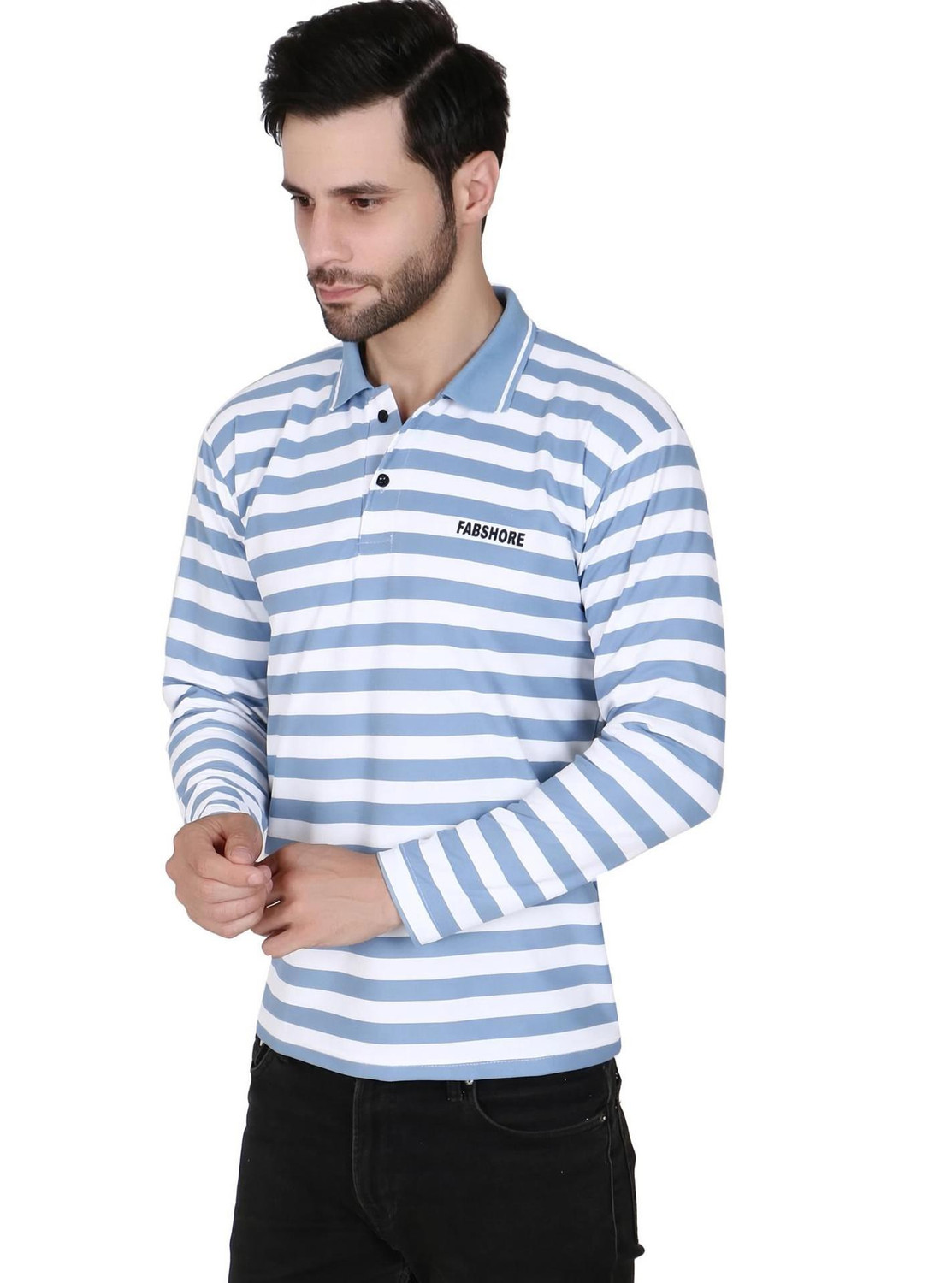 Image of FABSHORE Striped Men Round Neck White, Blue T-Shirt
