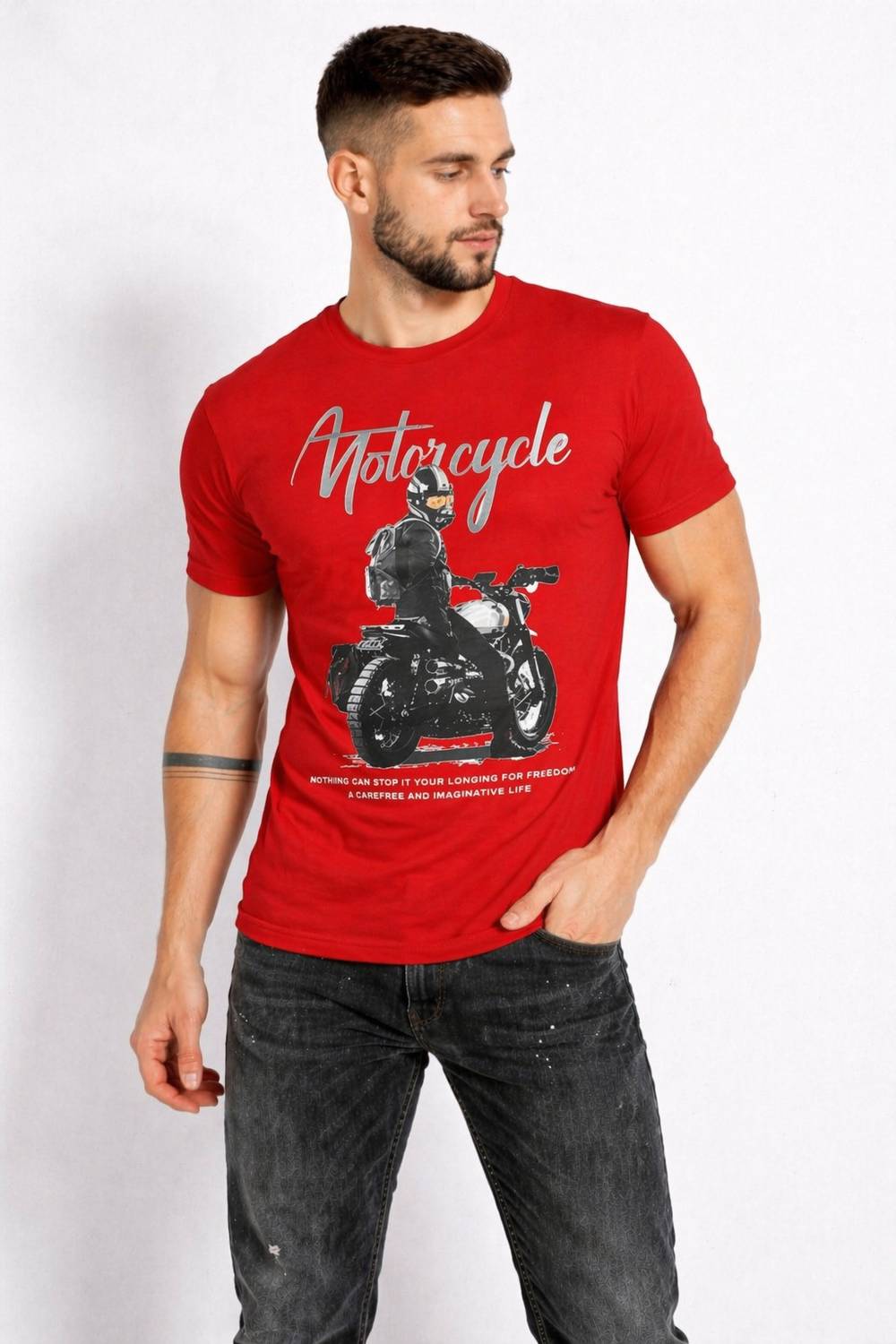 TEEFLOW Men Graphic Print, Typography Round Neck Pure Cotton Red