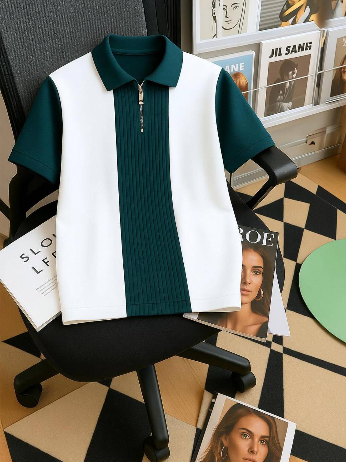 Men Self Design Zip Neck Cotton Blend White, Dark Green T-Shirt - Image 1