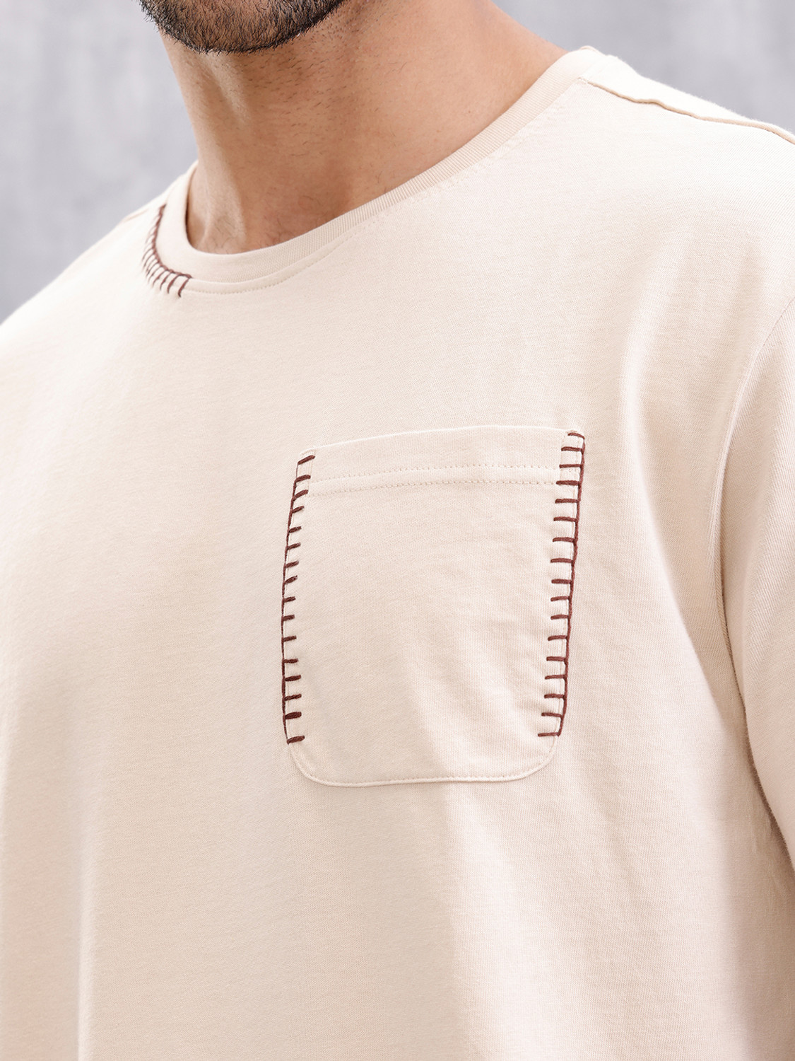 Image of WROGN Embroidered Men Crew Neck Beige T-Shirt