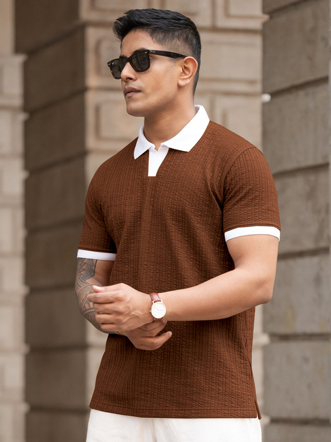 Image of KAJARU Self Design Men Polo Neck White, Brown T-Shirt
