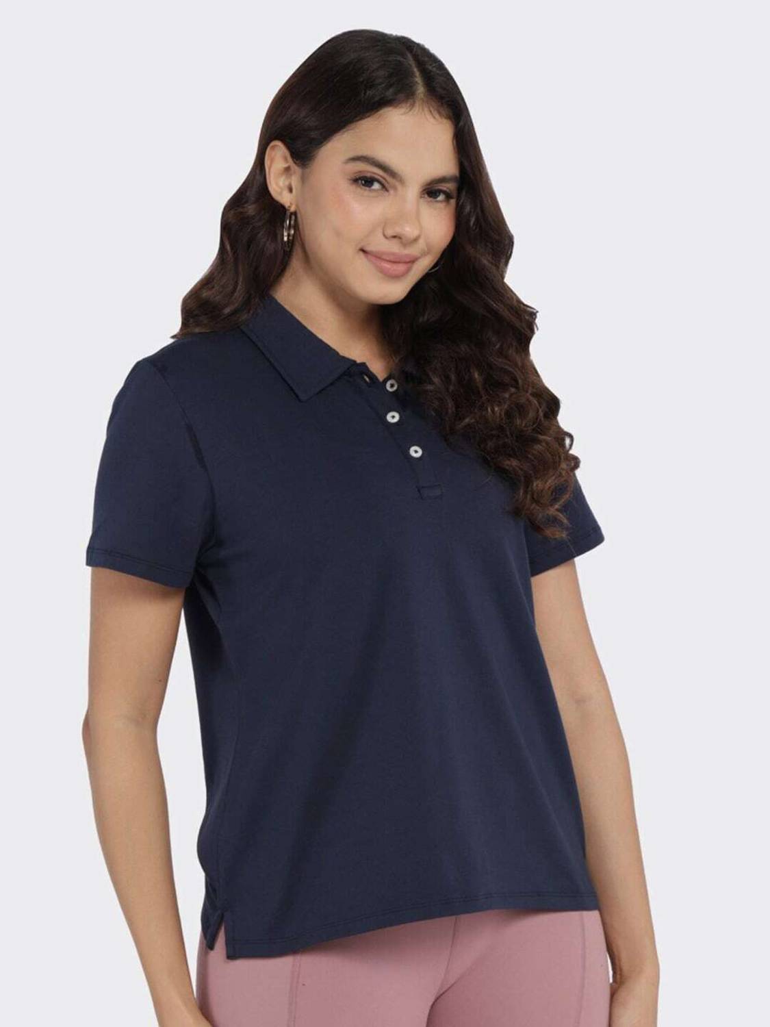 BlissClub Solid Women Polo Neck Blue T-Shirt