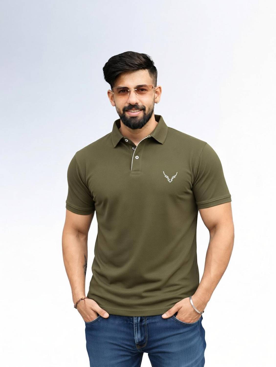 AVRIE Self Design Men Polo Neck Dark Green T-Shirt