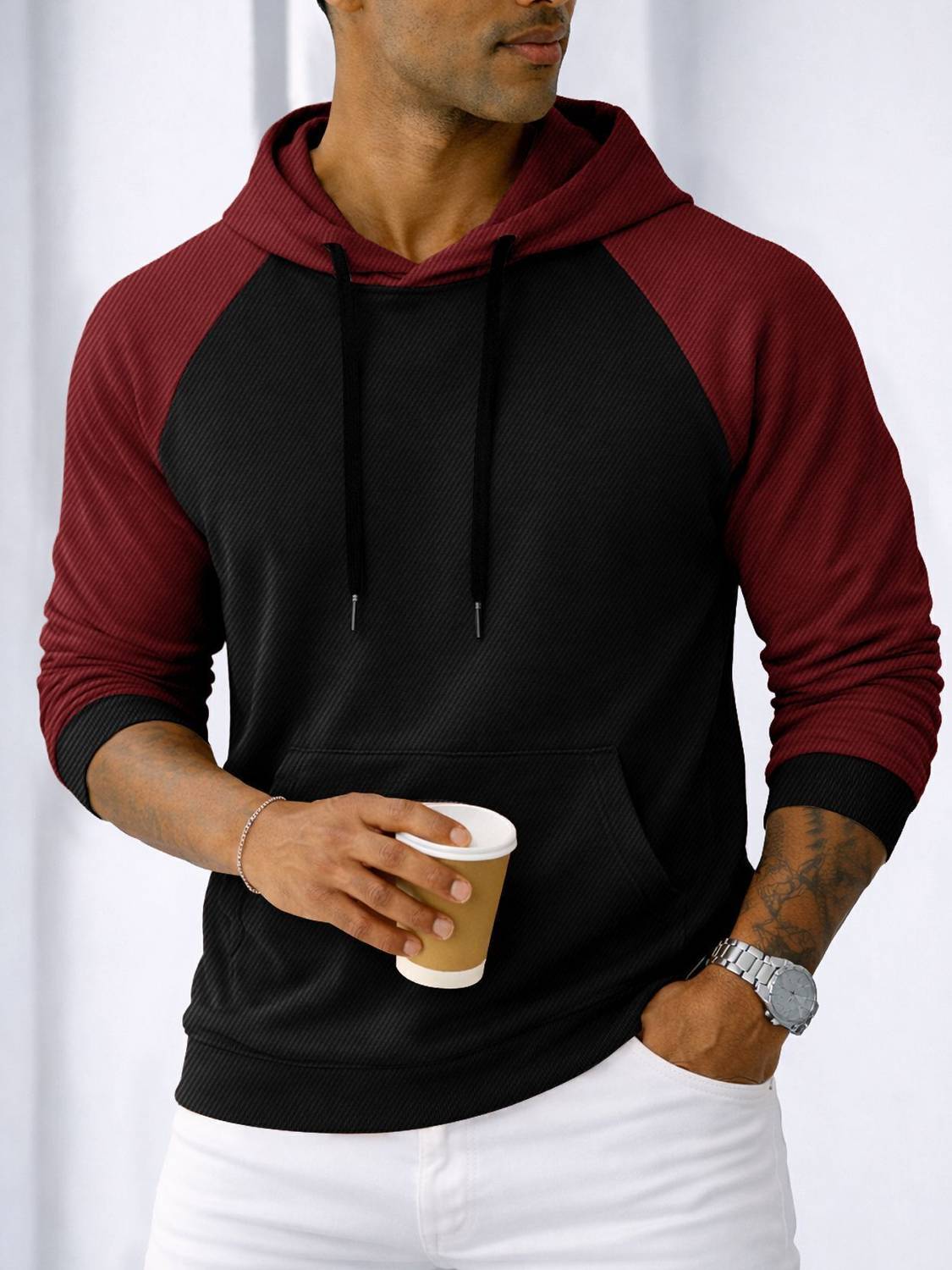 EyeBogler Men Colorblock Hooded Neck Cotton Blend Black, Red T-Sh