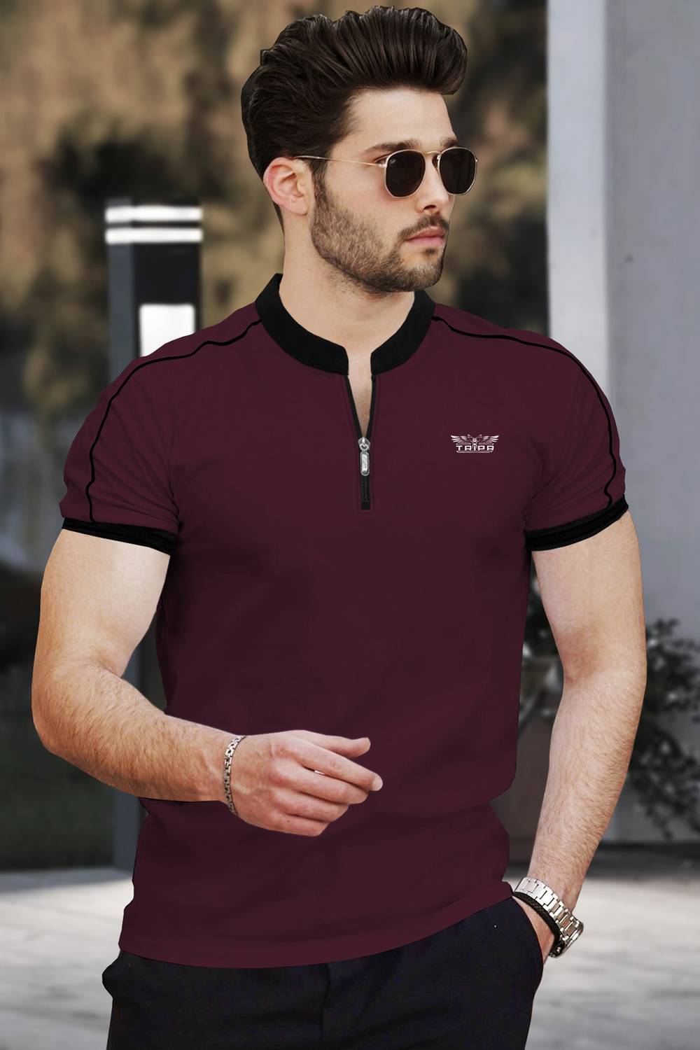 TRIPR Men Solid Henley Neck Cotton Blend Maroon, Black T-Shirt