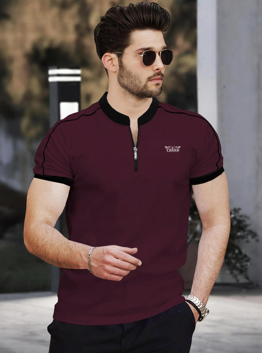 Image of TRIPR Solid Men Henley Neck Maroon, Black T-Shirt