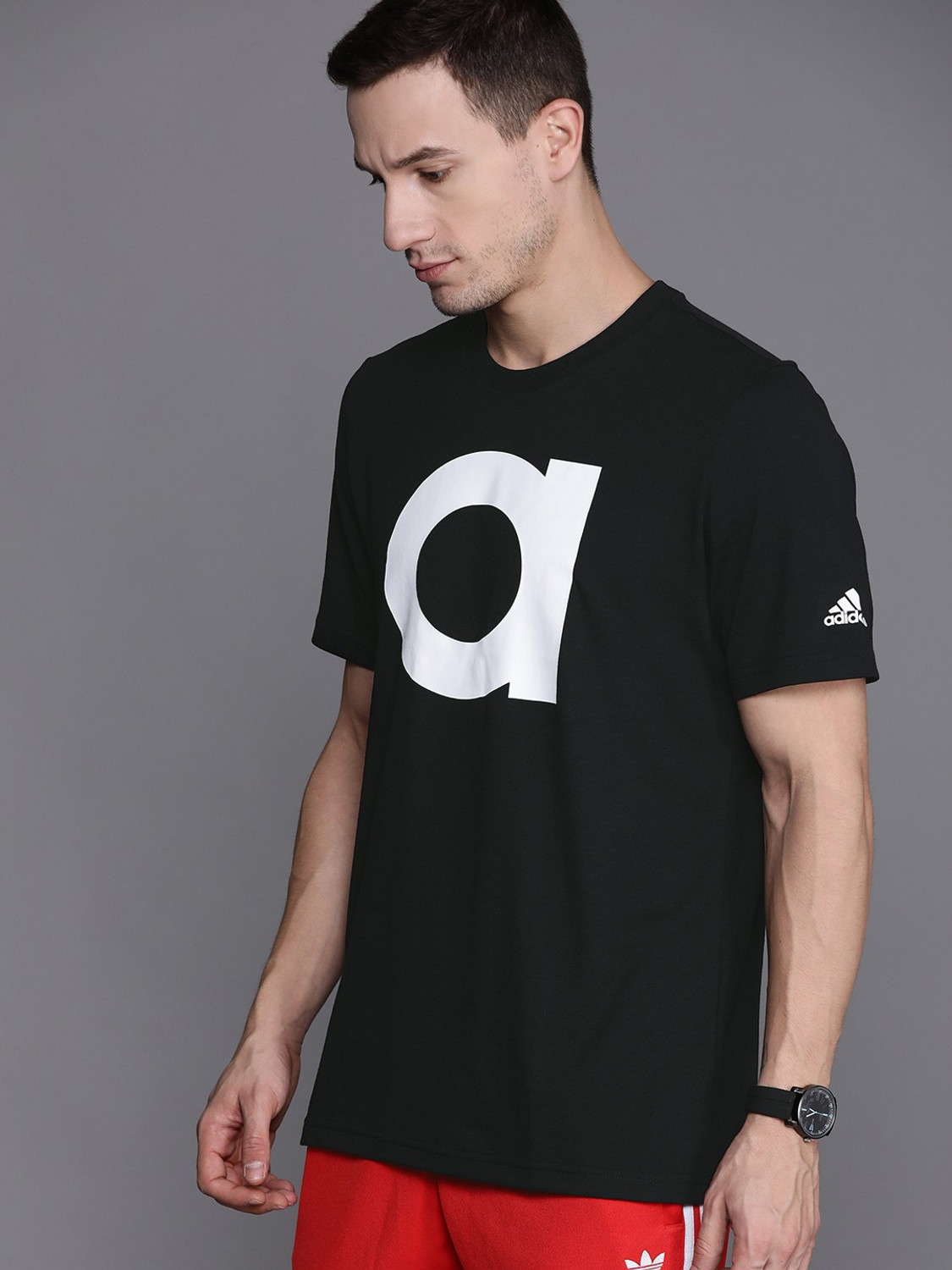 Image of ADIDAS Typography Men Round Neck Black T-Shirt