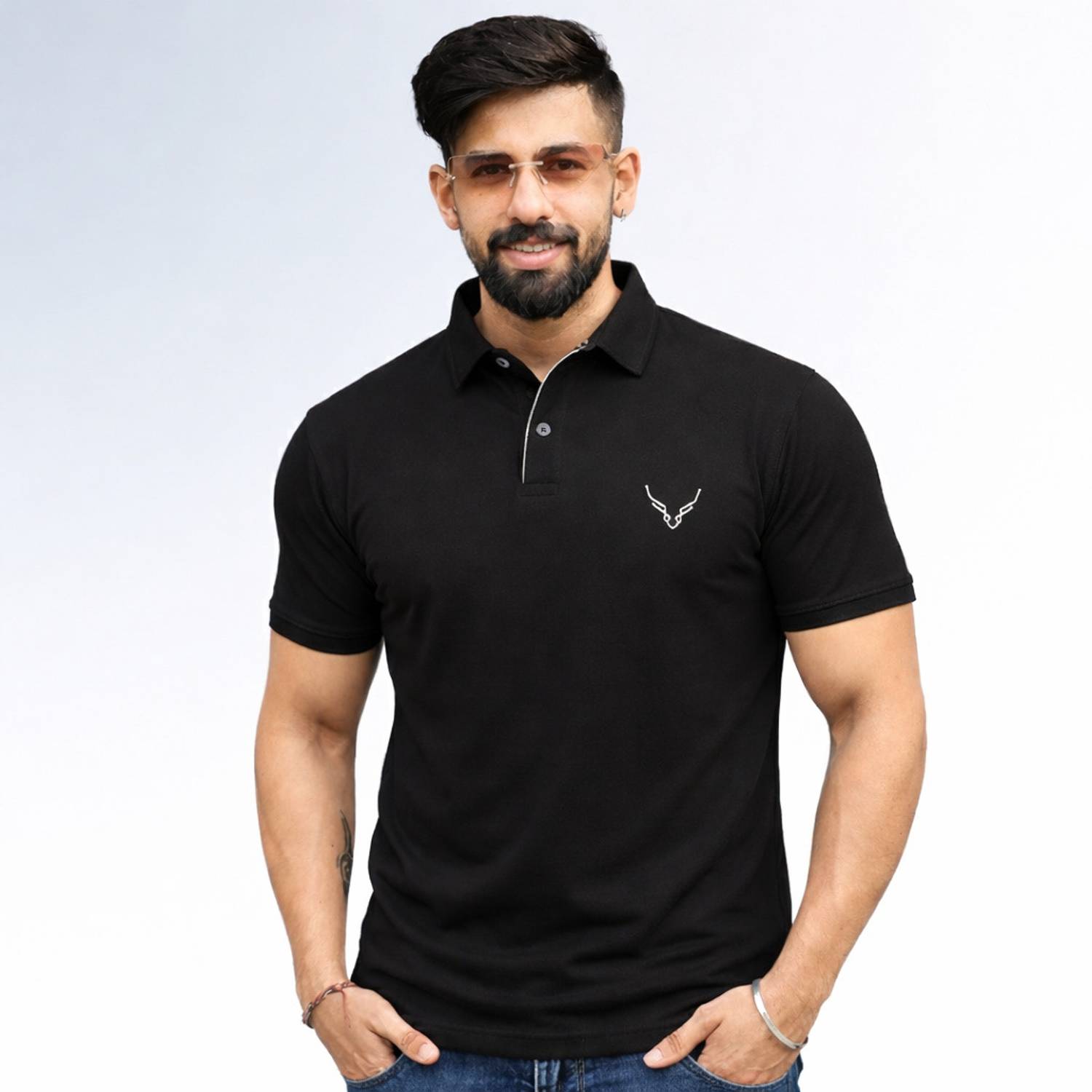 AVRIE Self Design Men Polo Neck Black T-Shirt