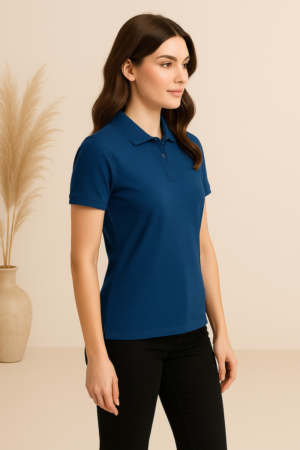 Image of Adyavastram Solid Women Polo Neck Blue T-Shirt