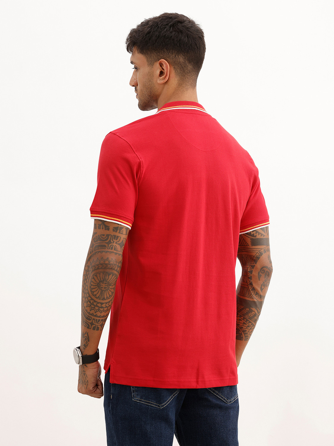 Image of WROGN Men Solid Polo Neck Pure Cotton Red T-Shirt