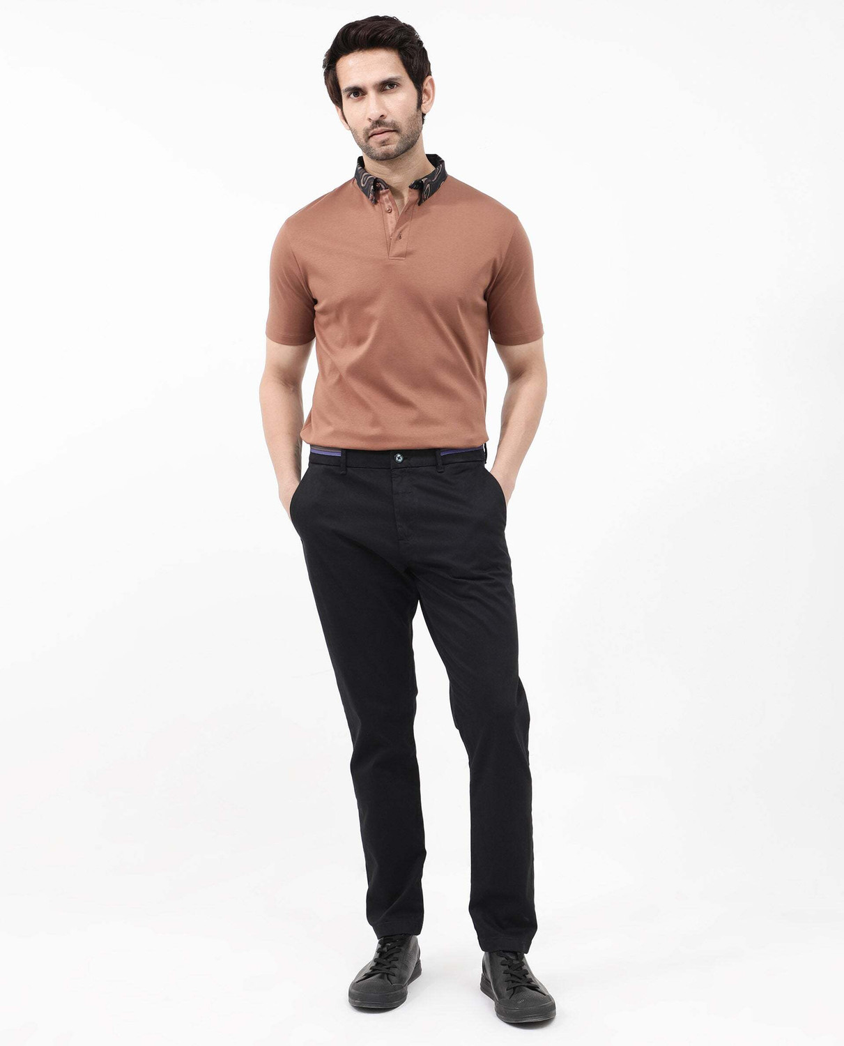 Image of RARE RABBIT Solid Men Polo Neck Brown T-Shirt