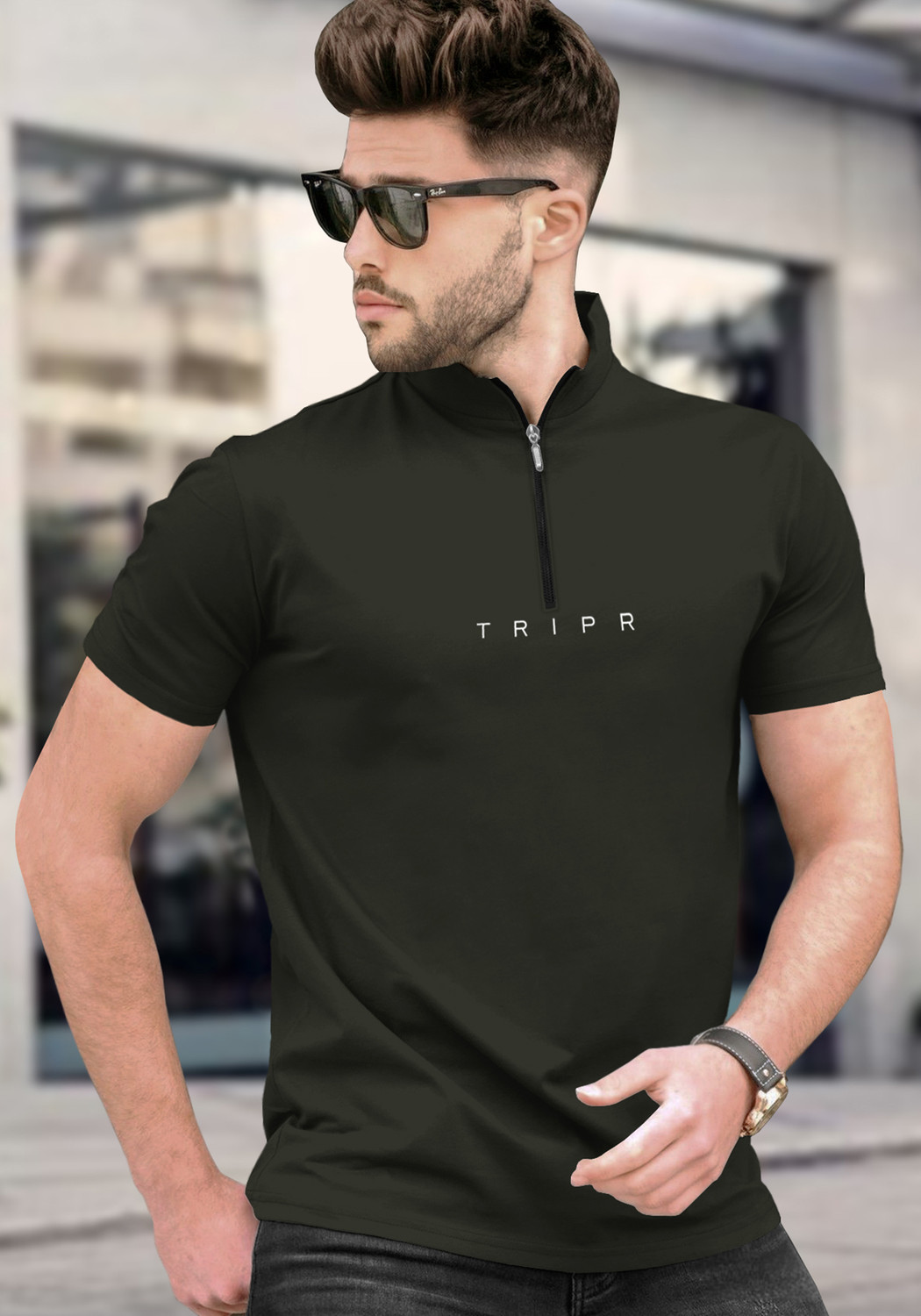 Image of TRIPR Solid Men Henley Neck Dark Green T-Shirt