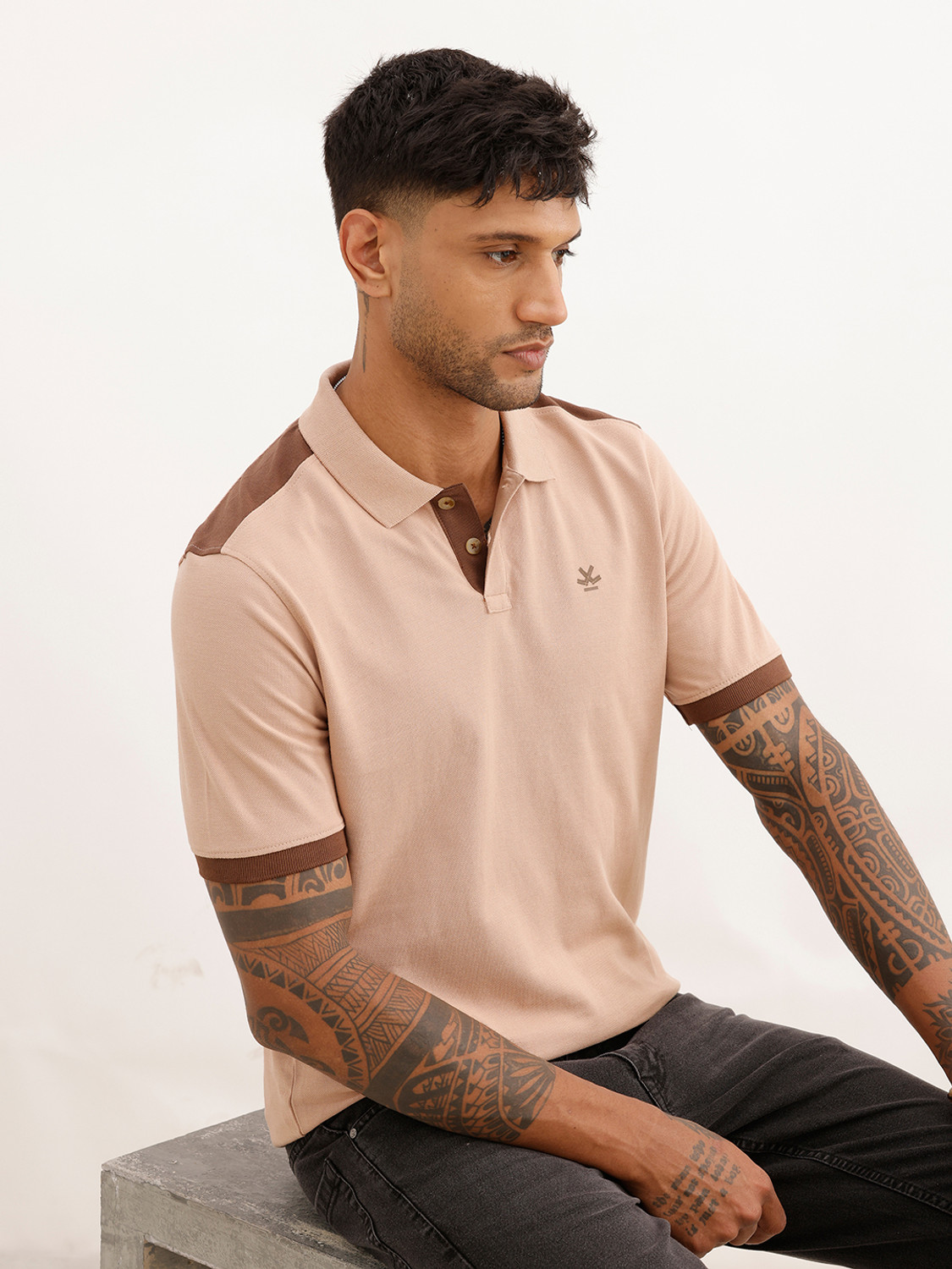 WROGN Colorblock Men Polo Neck Brown T-Shirt