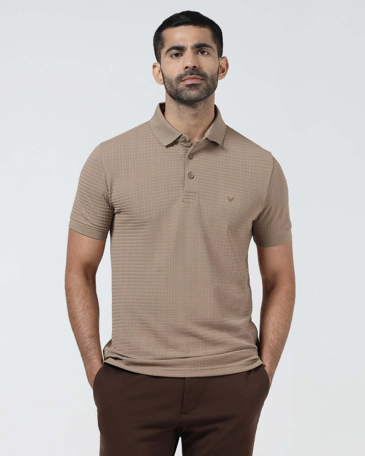 Image of Blackberrys Self Design Men Polo Neck Beige T-Shirt