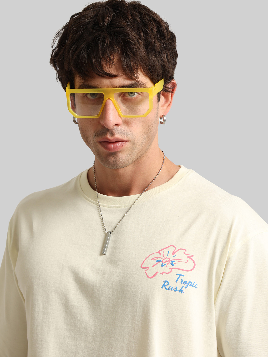 Image of MANIAC Men Printed Round Neck Cotton Blend White T-Shirt