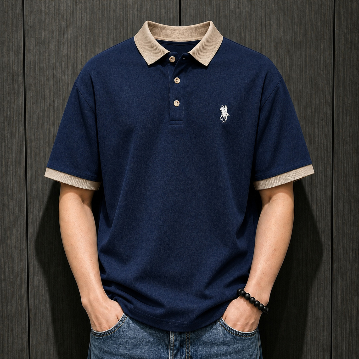 Image of TheGovindCo Solid Men Polo Neck Navy Blue T-Shirt
