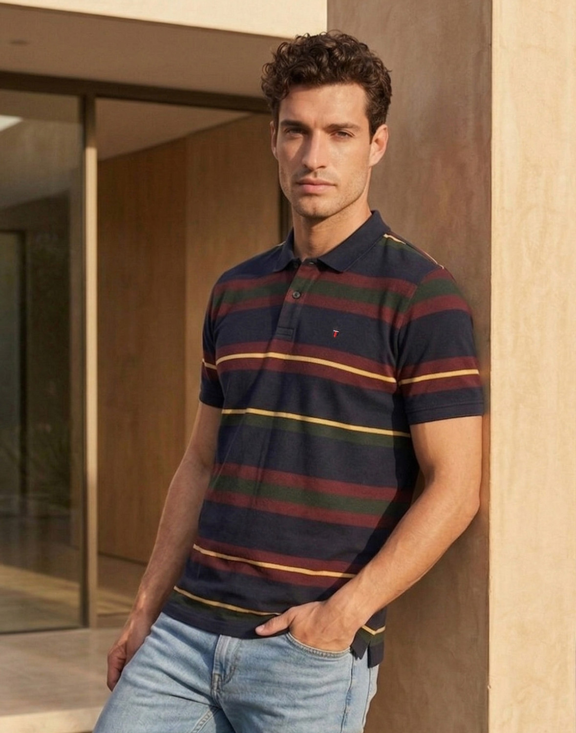 Image of LOUIS PHILIPPE Striped Men Polo Neck Multicolor T-Shirt