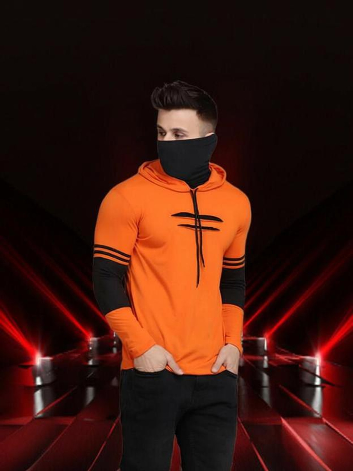Image of Panda Bear Men Colorblock Hooded Neck Cotton Blend Orange T-Shirt