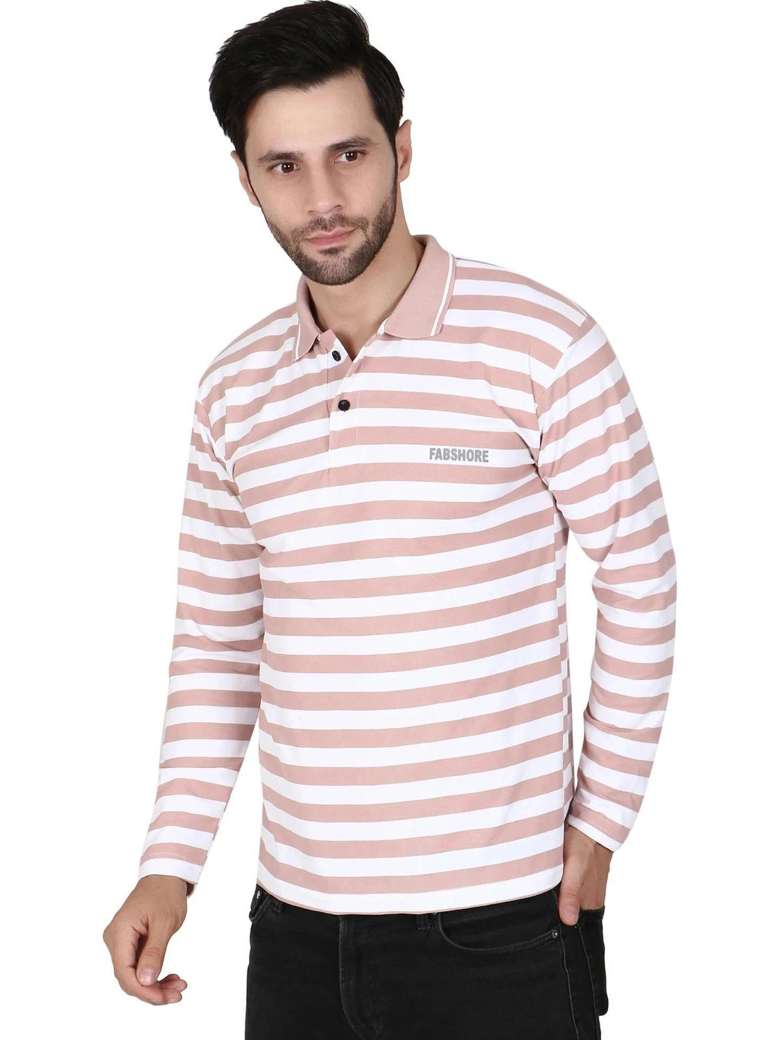 Image of HOC Striped Men Polo Neck Grey T-Shirt