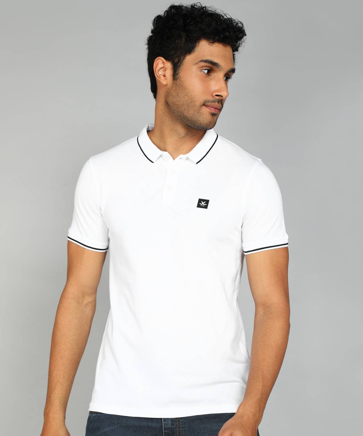WROGN Men Solid Polo Neck Cotton Blend White T-Shirt