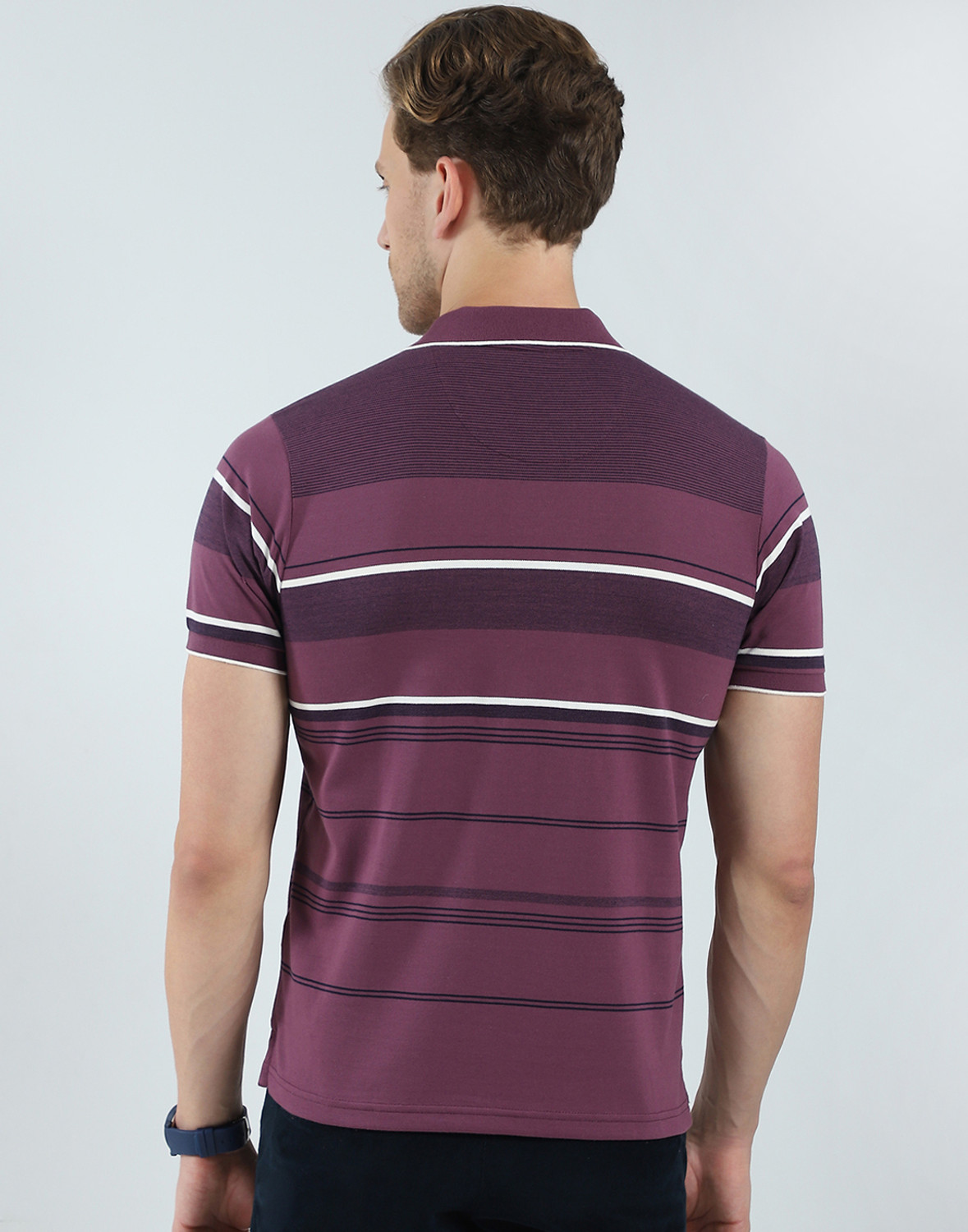 Image of MONTE CARLO Striped Men Polo Neck Purple T-Shirt