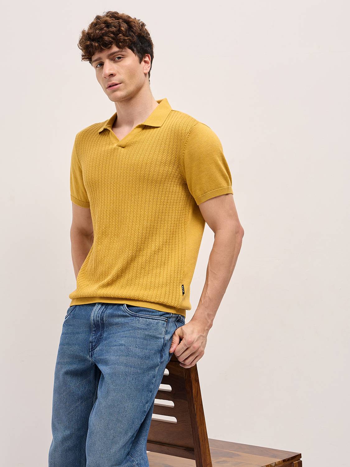 THE BEAR HOUSE Self Design Men Polo Neck Yellow T-Shirt