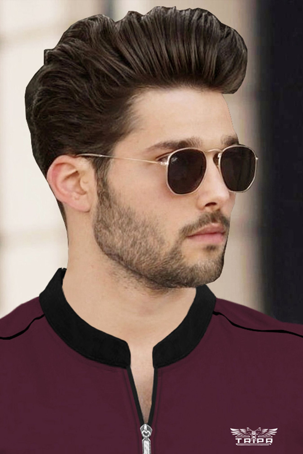 Image of TRIPR Solid Men Mandarin Collar Maroon, Black T-Shirt