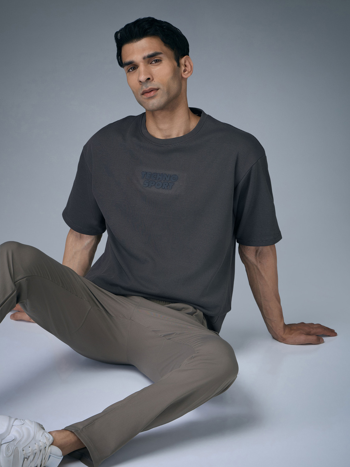 Image of TECHNOSPORT Self Design Men Round Neck Grey T-Shirt