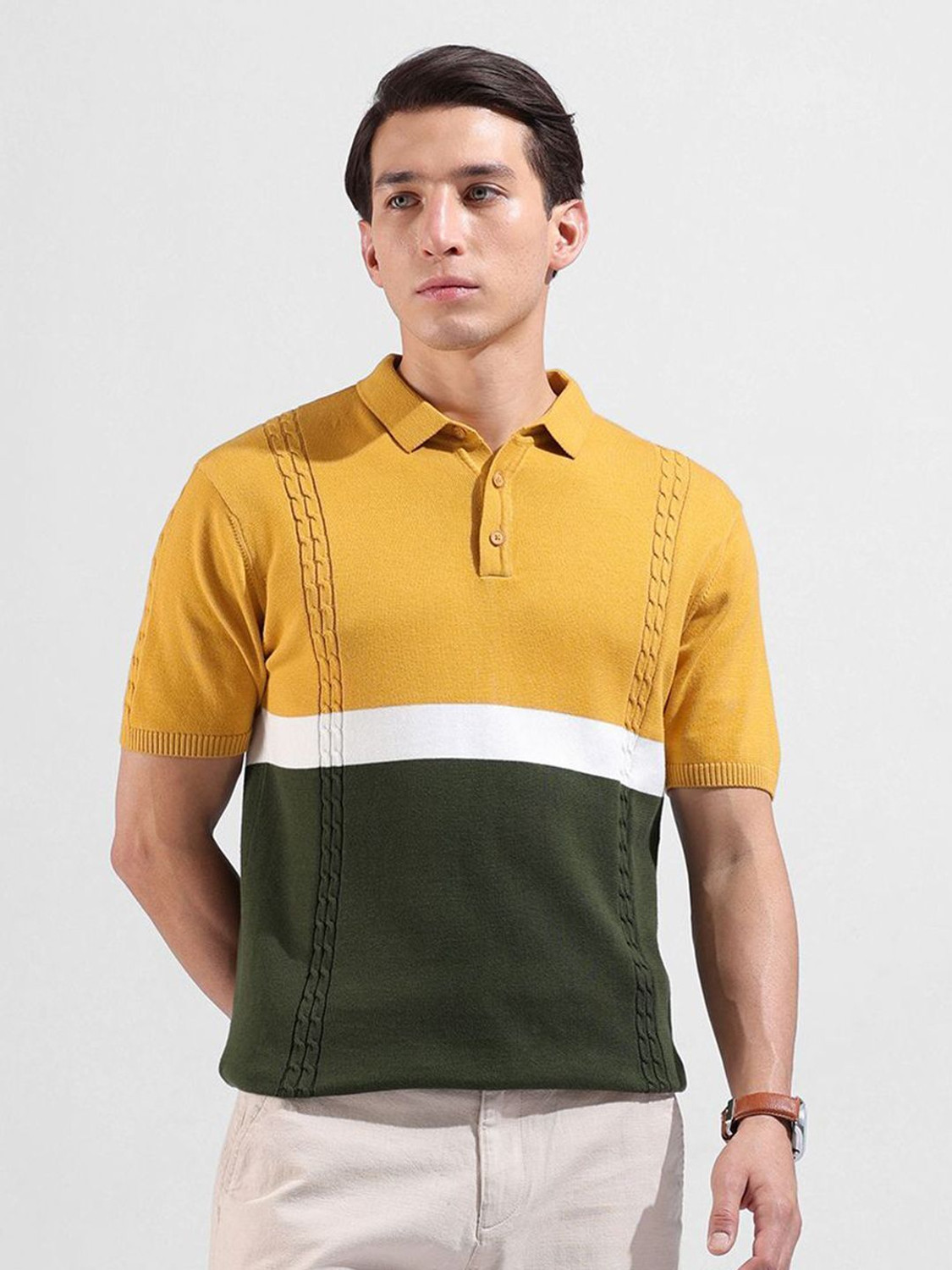 Image of The Indian Garage Co. Self Design Men Polo Neck Yellow T-Shirt