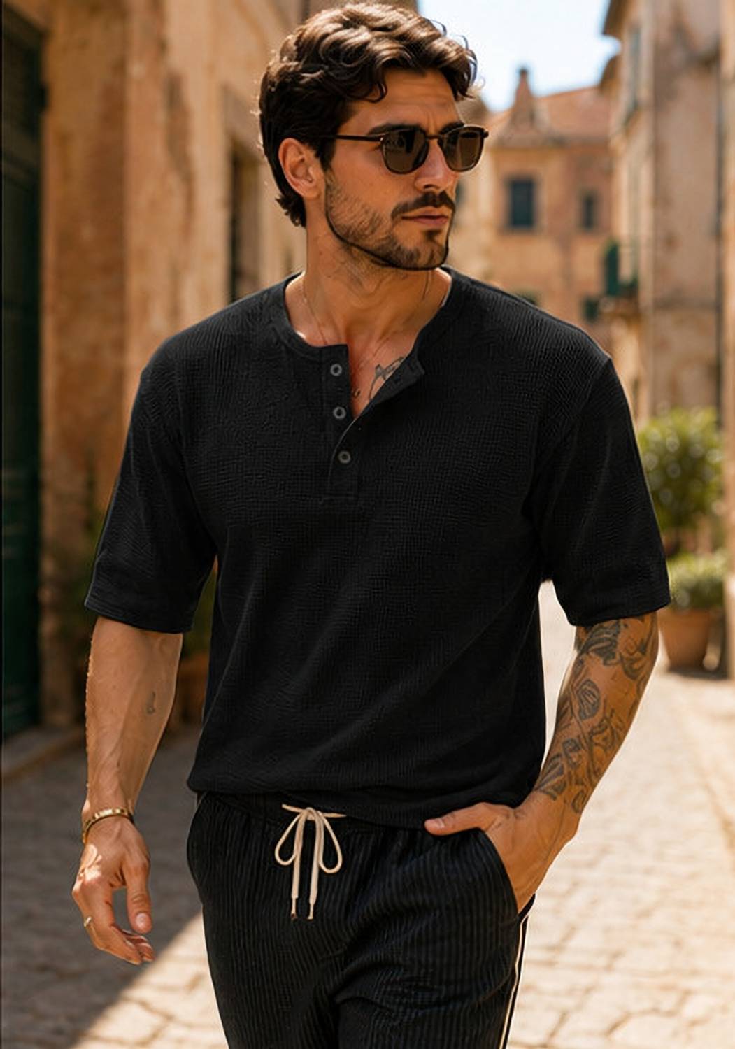 HOODLER Men Henley Neck Black T-Shirt - Image 2