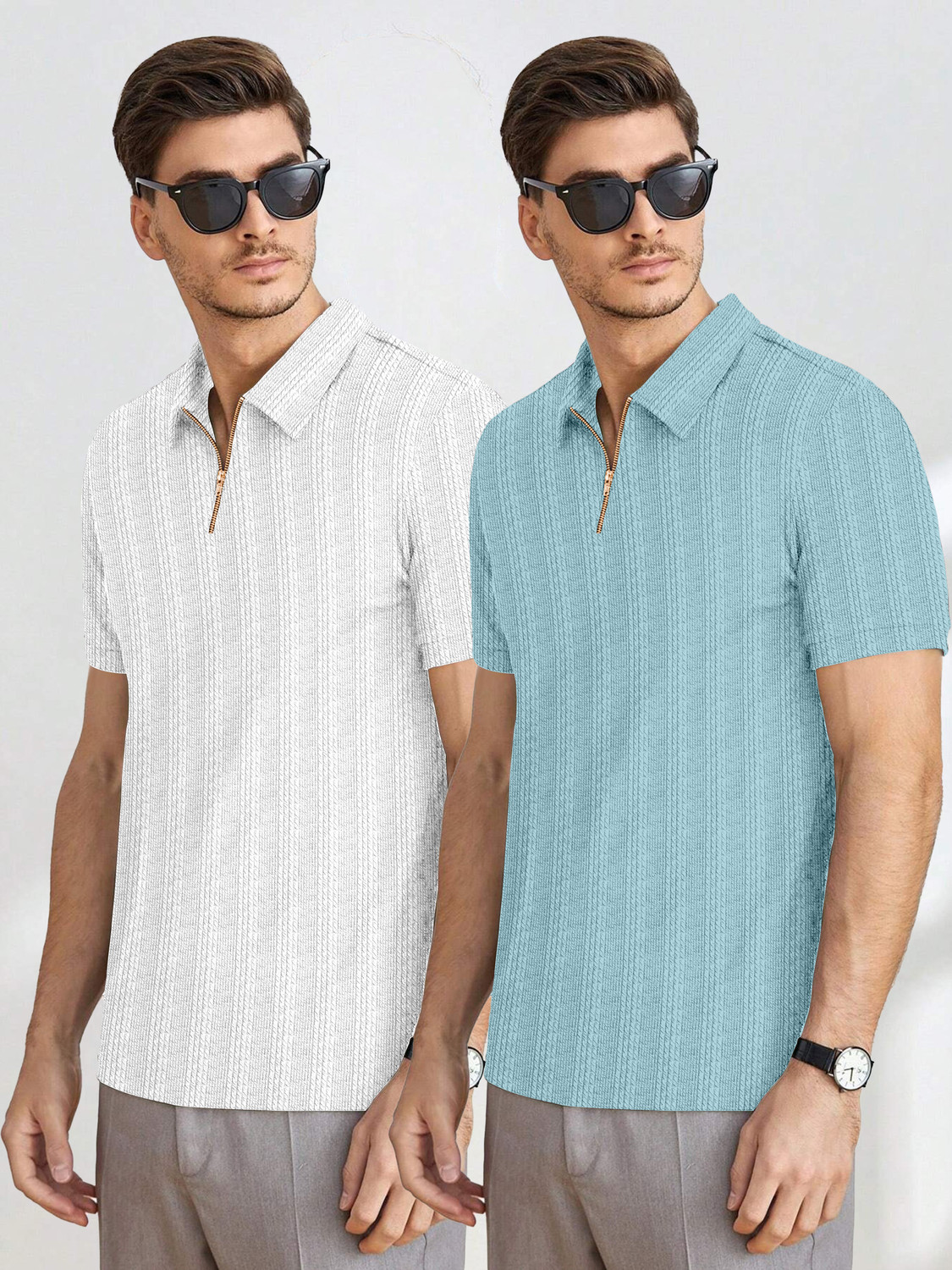 Image of COMBRAIDED Striped Men Zip Neck White, Light Blue T-Shirt