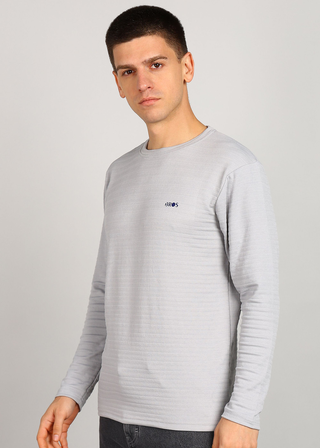Image of 3BROS Solid Men Round Neck Grey T-Shirt